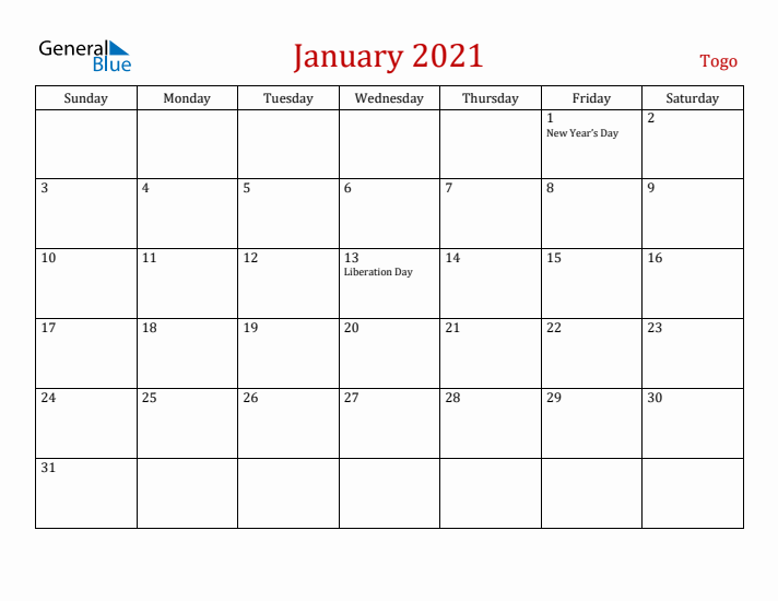 Togo January 2021 Calendar - Sunday Start