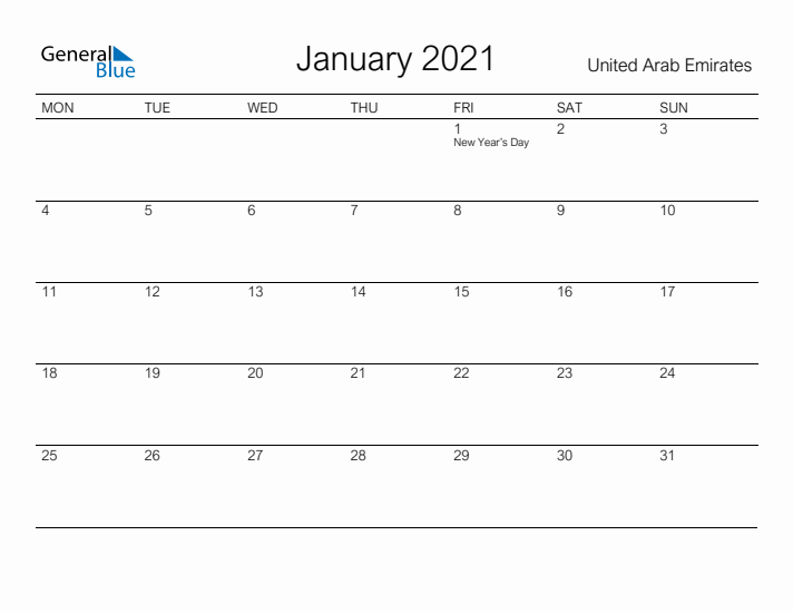 Printable January 2021 Calendar for United Arab Emirates