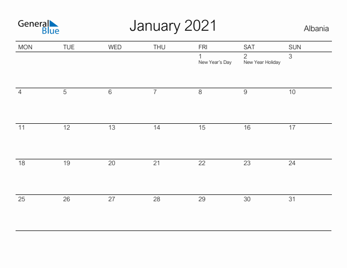 Printable January 2021 Calendar for Albania