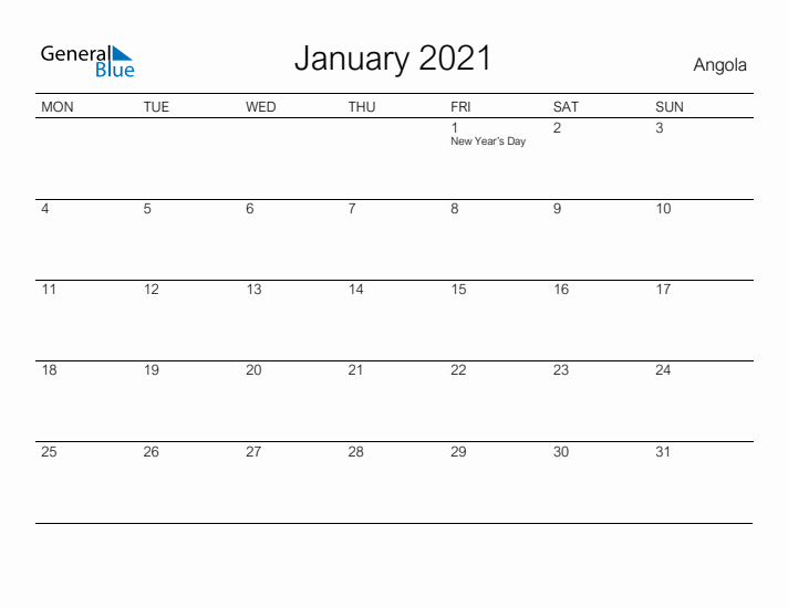 Printable January 2021 Calendar for Angola