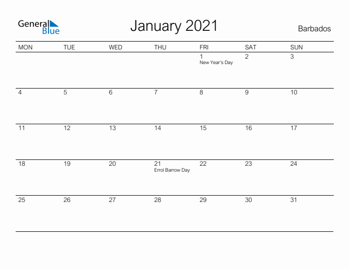 Printable January 2021 Calendar for Barbados