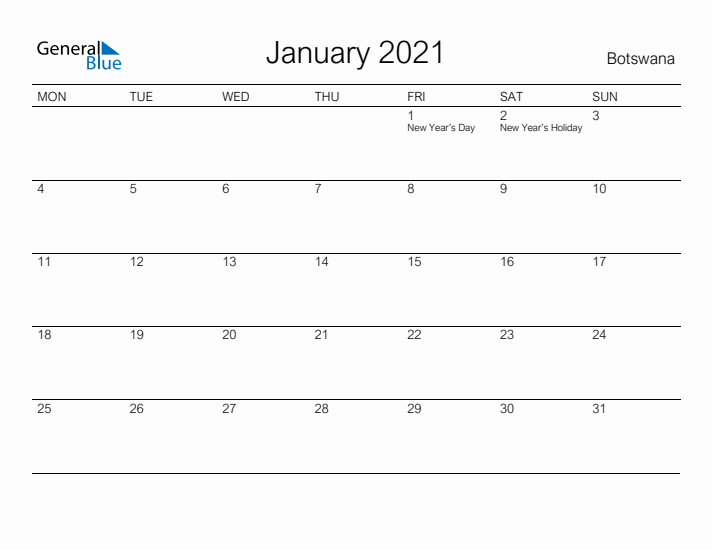 Printable January 2021 Calendar for Botswana