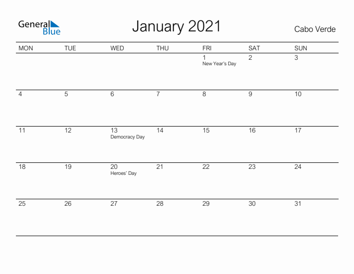 Printable January 2021 Calendar for Cabo Verde