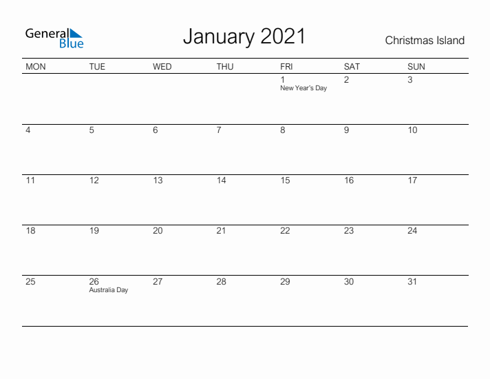 Printable January 2021 Calendar for Christmas Island