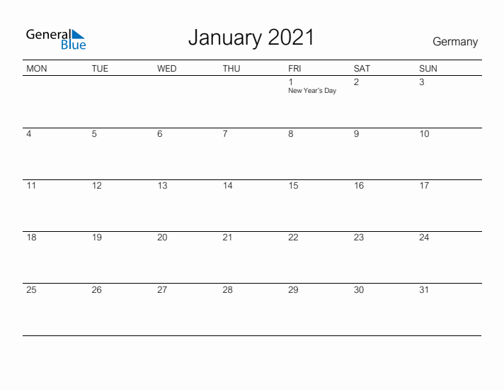 Printable January 2021 Calendar for Germany