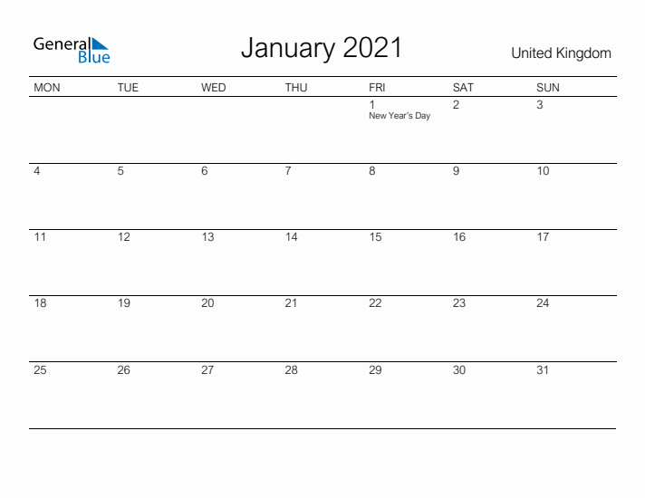 Printable January 2021 Calendar for United Kingdom