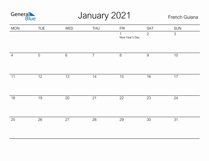 Printable January 2021 Calendar for French Guiana