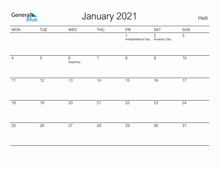 Printable January 2021 Calendar for Haiti