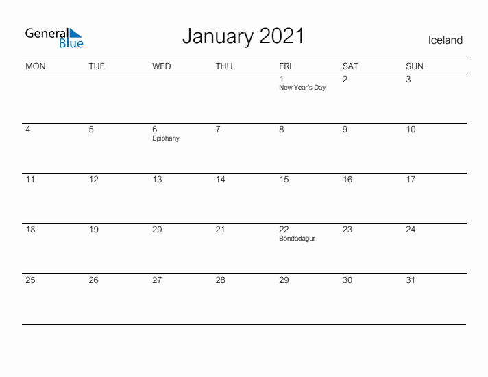 Printable January 2021 Calendar for Iceland