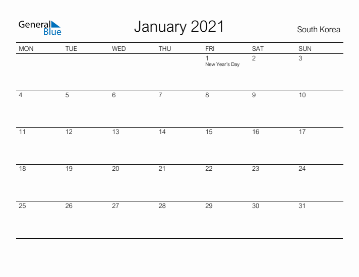 Printable January 2021 Calendar for South Korea