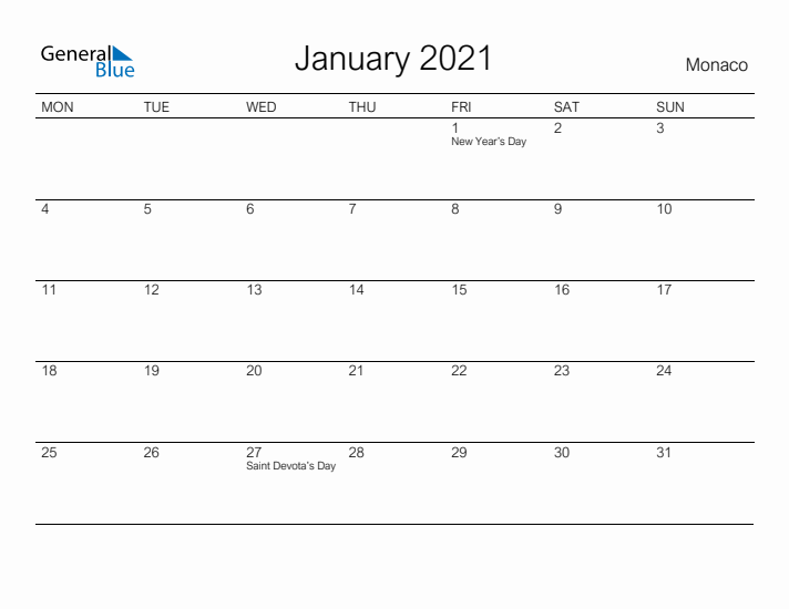 Printable January 2021 Calendar for Monaco