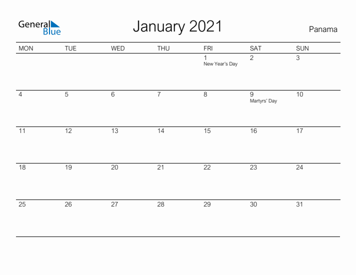 Printable January 2021 Calendar for Panama