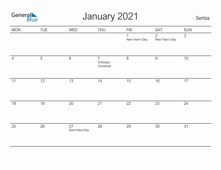 Printable January 2021 Calendar for Serbia