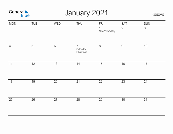 Printable January 2021 Calendar for Kosovo