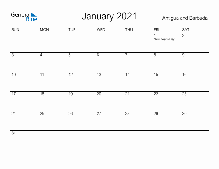 Printable January 2021 Calendar for Antigua and Barbuda