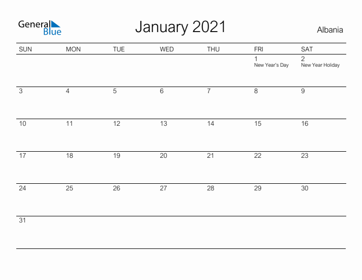 Printable January 2021 Calendar for Albania