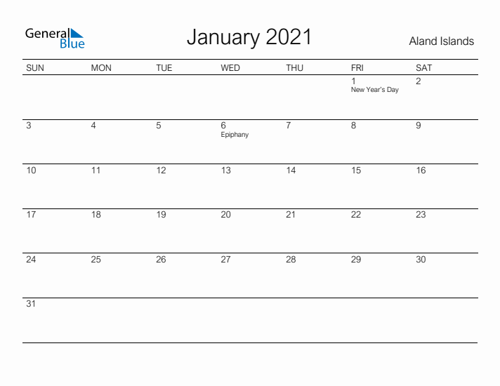 Printable January 2021 Calendar for Aland Islands