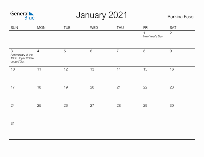 Printable January 2021 Calendar for Burkina Faso