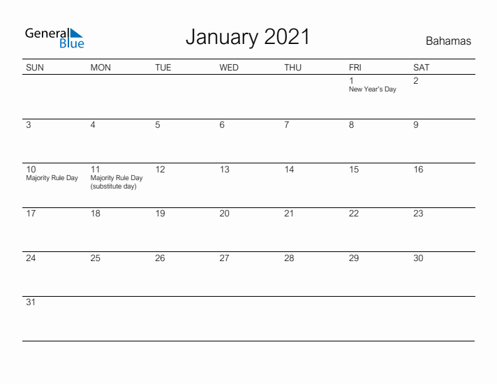 Printable January 2021 Calendar for Bahamas