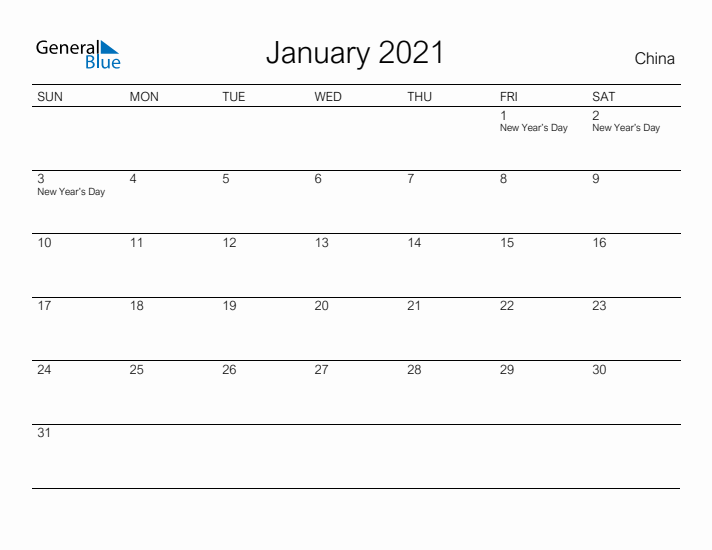 Printable January 2021 Calendar for China