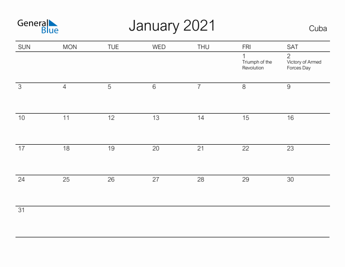 Printable January 2021 Calendar for Cuba