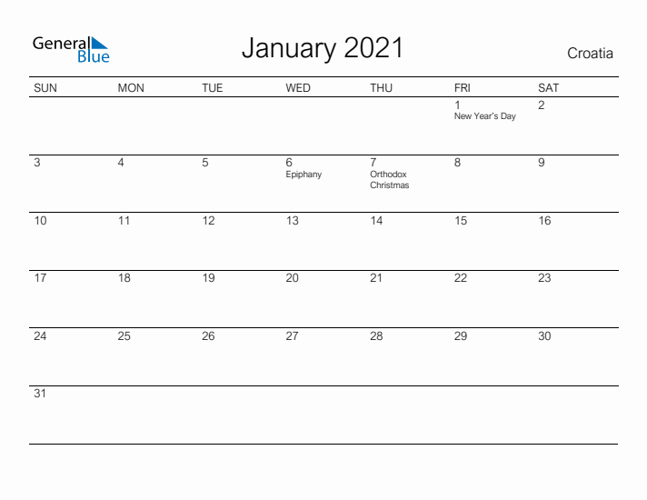 Printable January 2021 Calendar for Croatia