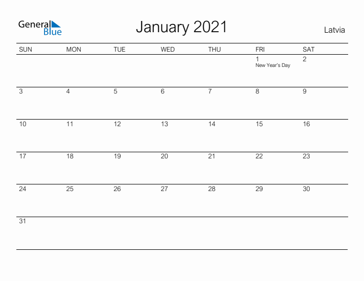 Printable January 2021 Calendar for Latvia