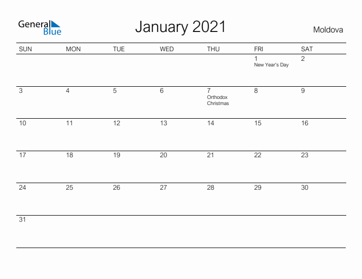 Printable January 2021 Calendar for Moldova