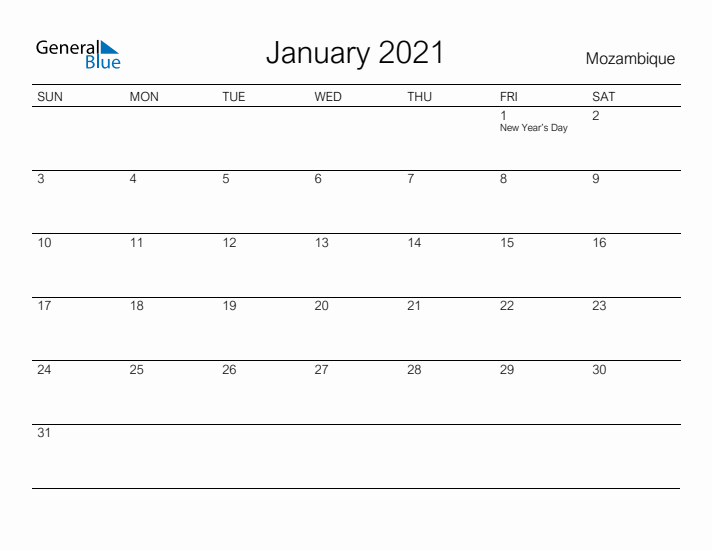 Printable January 2021 Calendar for Mozambique