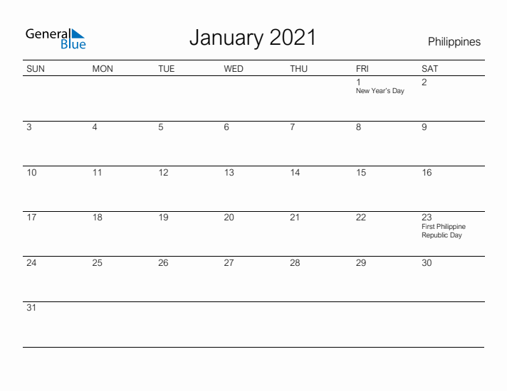 Printable January 2021 Calendar for Philippines