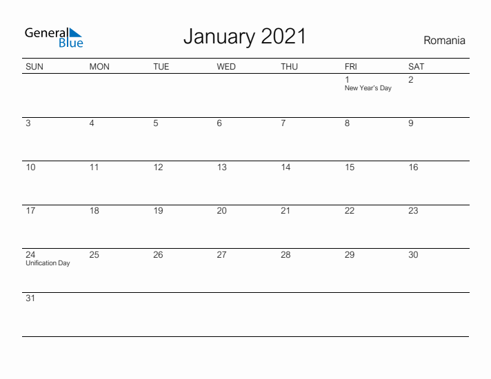 Printable January 2021 Calendar for Romania