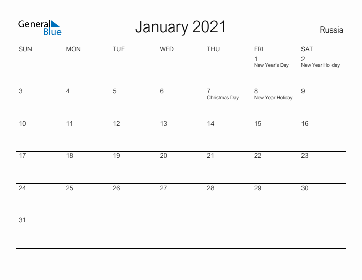 Printable January 2021 Calendar for Russia