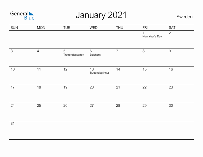 Printable January 2021 Calendar for Sweden