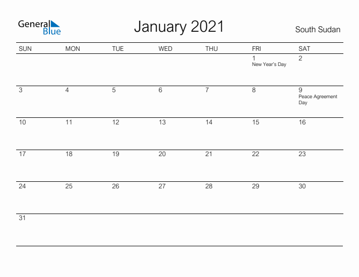 Printable January 2021 Calendar for South Sudan