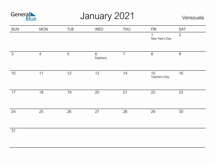 Printable January 2021 Calendar for Venezuela