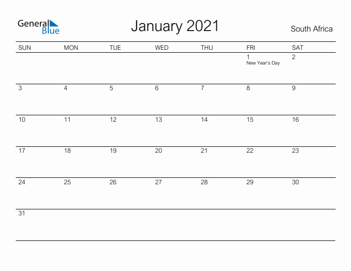 Printable January 2021 Calendar for South Africa