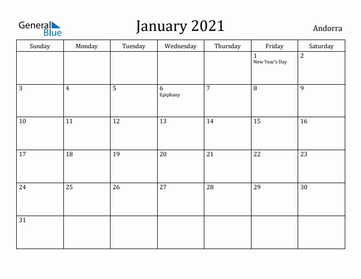 January 2021 Calendar Andorra