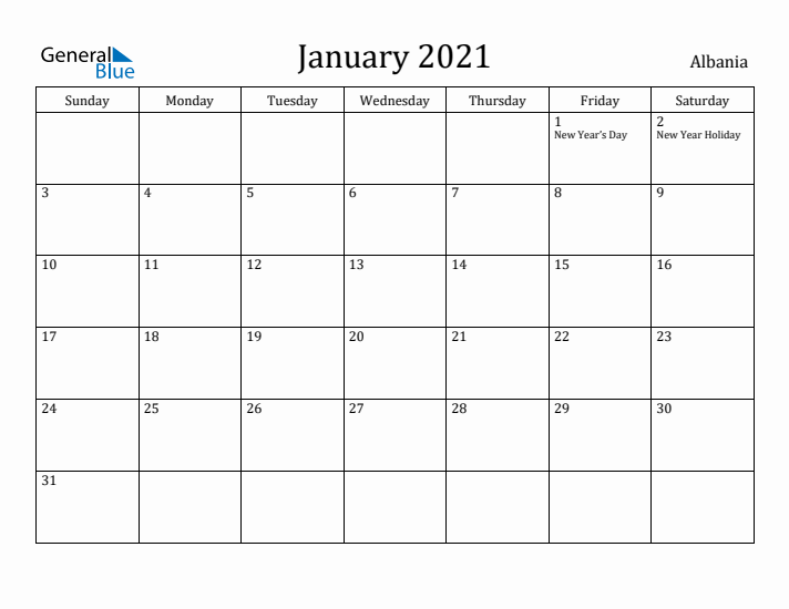 January 2021 Calendar Albania