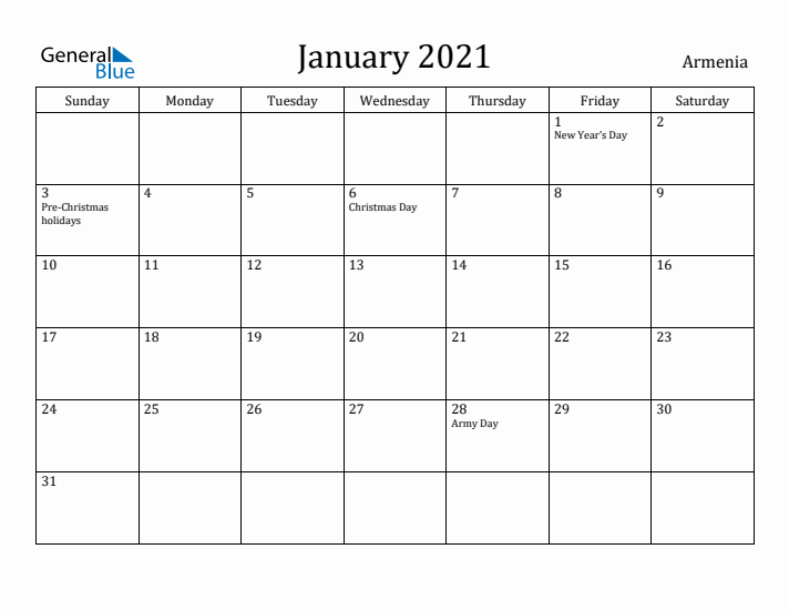 January 2021 Calendar Armenia