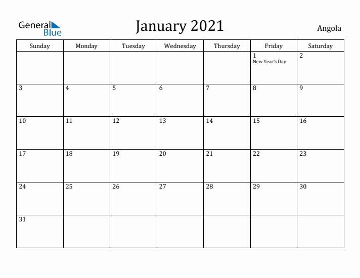 January 2021 Calendar Angola