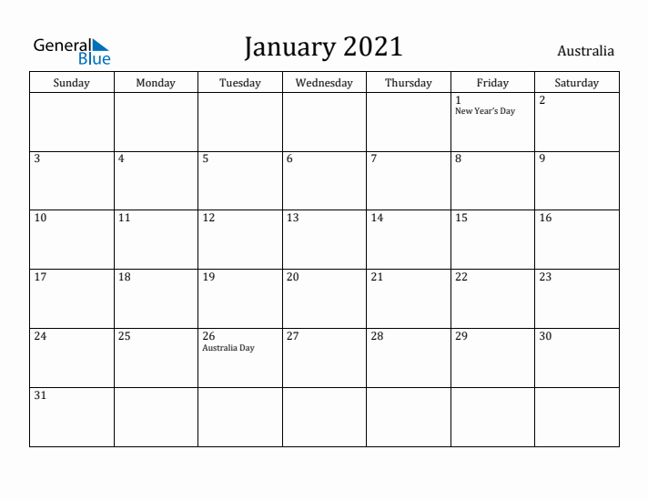 January 2021 Calendar Australia