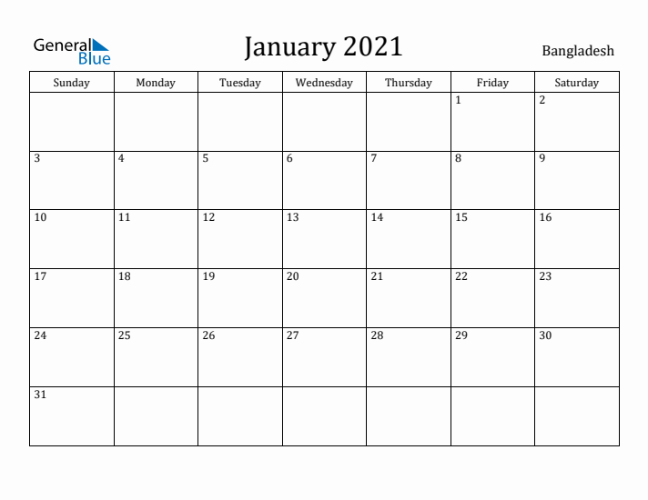 January 2021 Calendar Bangladesh