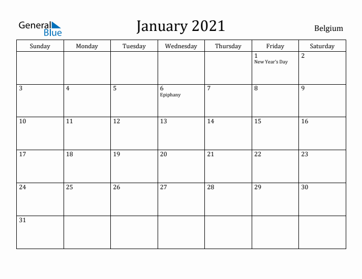 January 2021 Calendar Belgium