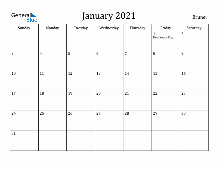 January 2021 Calendar Brunei