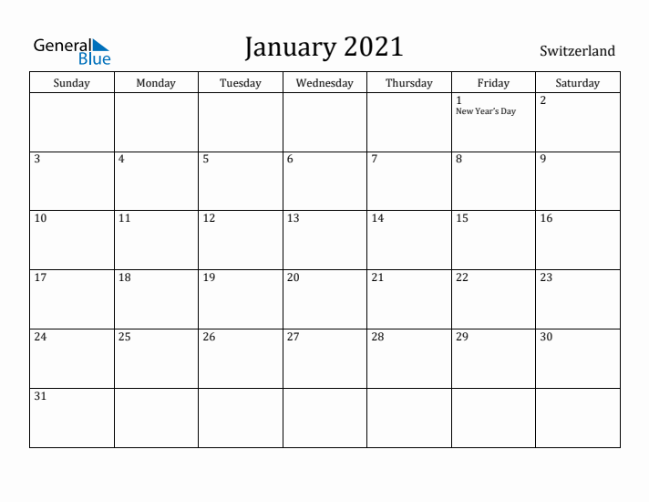 January 2021 Calendar Switzerland