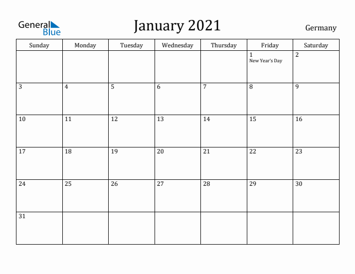 January 2021 Calendar Germany