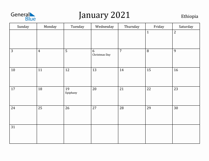 January 2021 Calendar Ethiopia