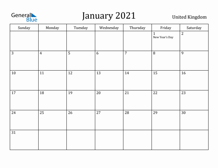 January 2021 Calendar United Kingdom