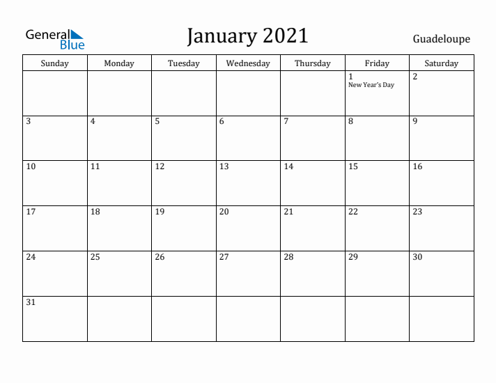 January 2021 Calendar Guadeloupe