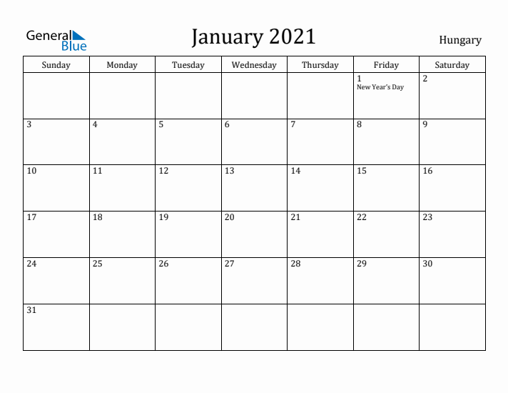 January 2021 Calendar Hungary